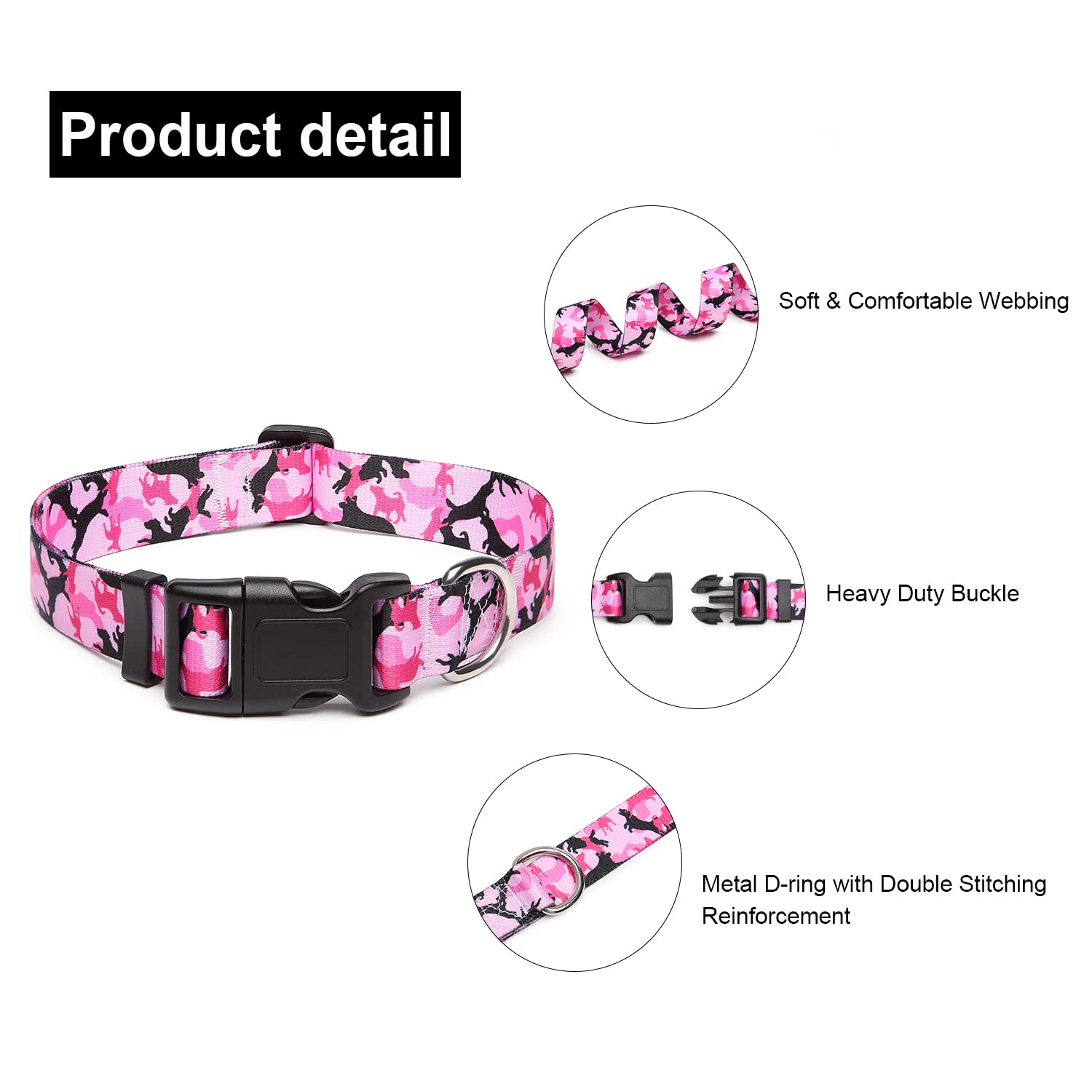 Adjustable Nylon Dog Collar with Patterns, Soft Comfy Pet Collar for Small Medium Large Dogs (M, Dog Camouflage Pink) — view 3