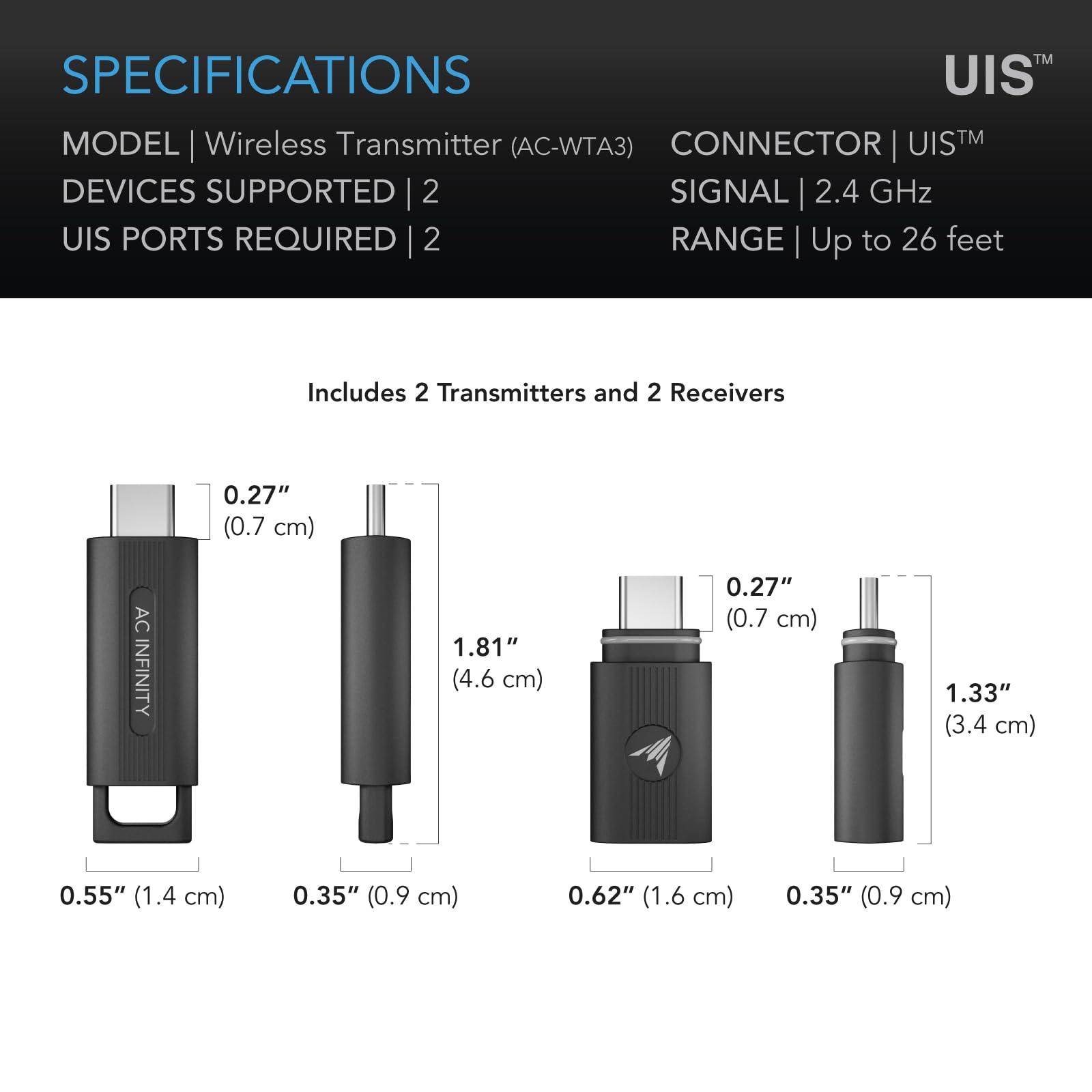 AC Infinity UIS Transmisor y receptor inalámbrico 1 a 1, paquete de dos unidades, reemplaza cables de conector con cable, rango máximo de 26 pies, conexión remota de 2.4 GHz a dispositivos