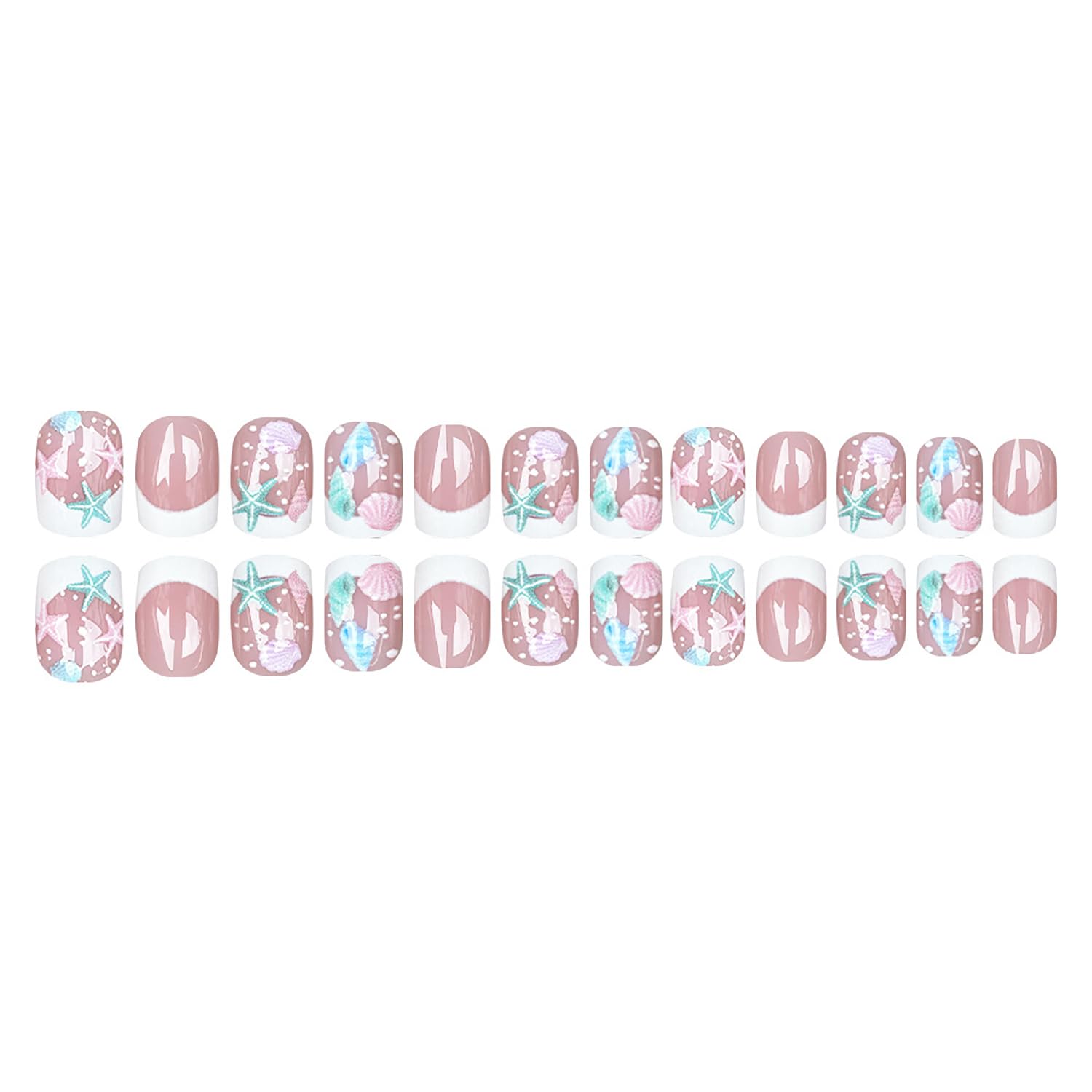 Summer Nude French Press on Nails Short Square Polka Dot Fake Nails with Starfish Shell Design Self-Adhesive False Nails Full Cover Reusable Stick on Nail for Women Girls Manicure DIY 24 Pcs image 5