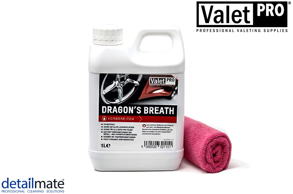 detailmate ValetPro Dragons Breath Bidon de 1 l de nettoyant pour jantes avec chiffon en microfibre 40 x 40 cm