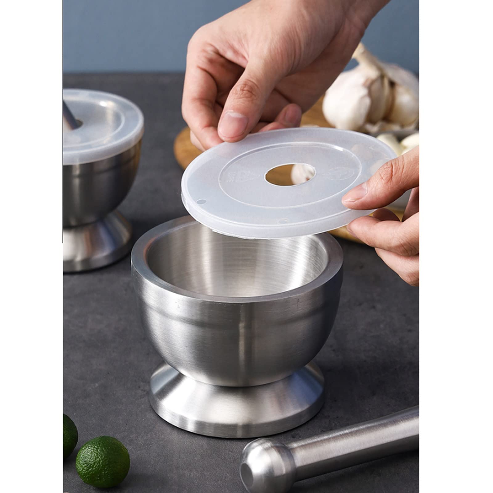 Mörserschale, Mörser und Stößel aus gebürstetem Edelstahl, Küchen-Mahlschüssel-Set, Knoblauchmühle, nzerkleinerer, Gewürzmühle, Schüssel, Pestopulver mit Deckel und ，Eine Farbe-Groß