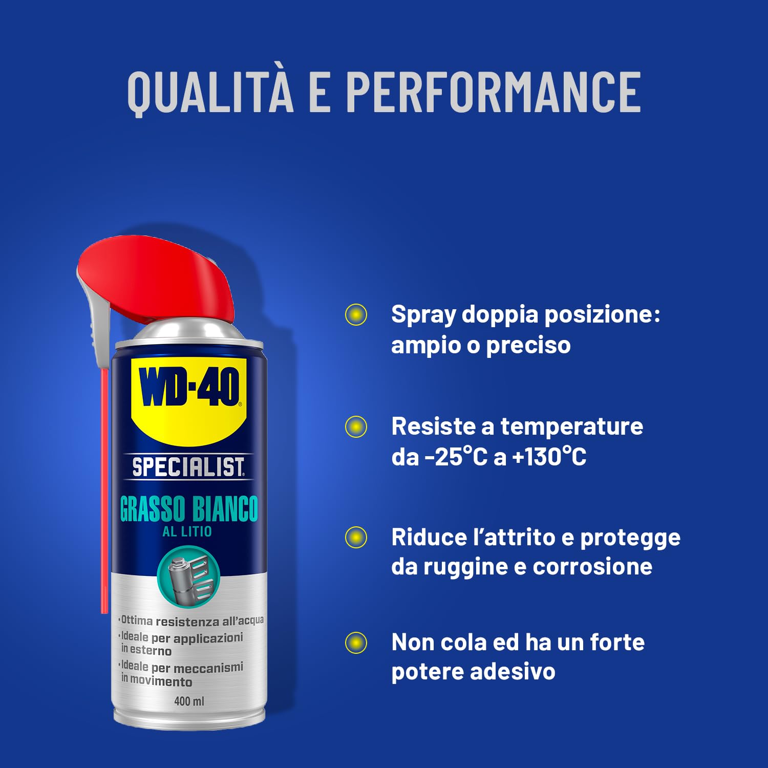 WD-40 - Specialist - Grasso Bianco al Litio - Lubrificante a lunga durata - Resistente all’acqua, al calore, eccellenti proprietà antiusura - Compatibile con plastica, gomma e metalli - NSF H2-400ml