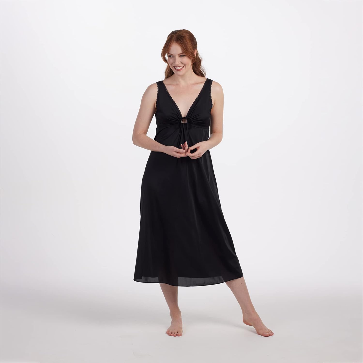 Miss Elaine Vintage Silky Knit Long Sleeveless Nightgown, with V-Neck, Sleepwear and Loungewear - Image 3