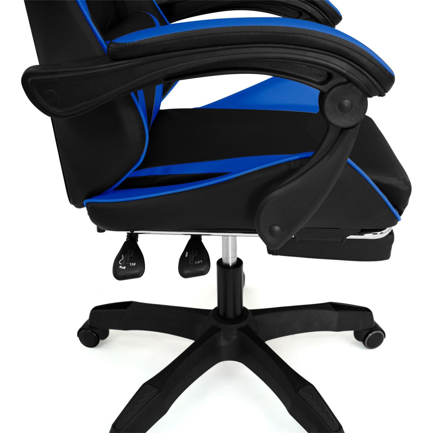 IDMarket - Sedia da gioco ALEX regolabile con poggiapiedi, cuscino per la testa e cuscino lombare in nero e blu