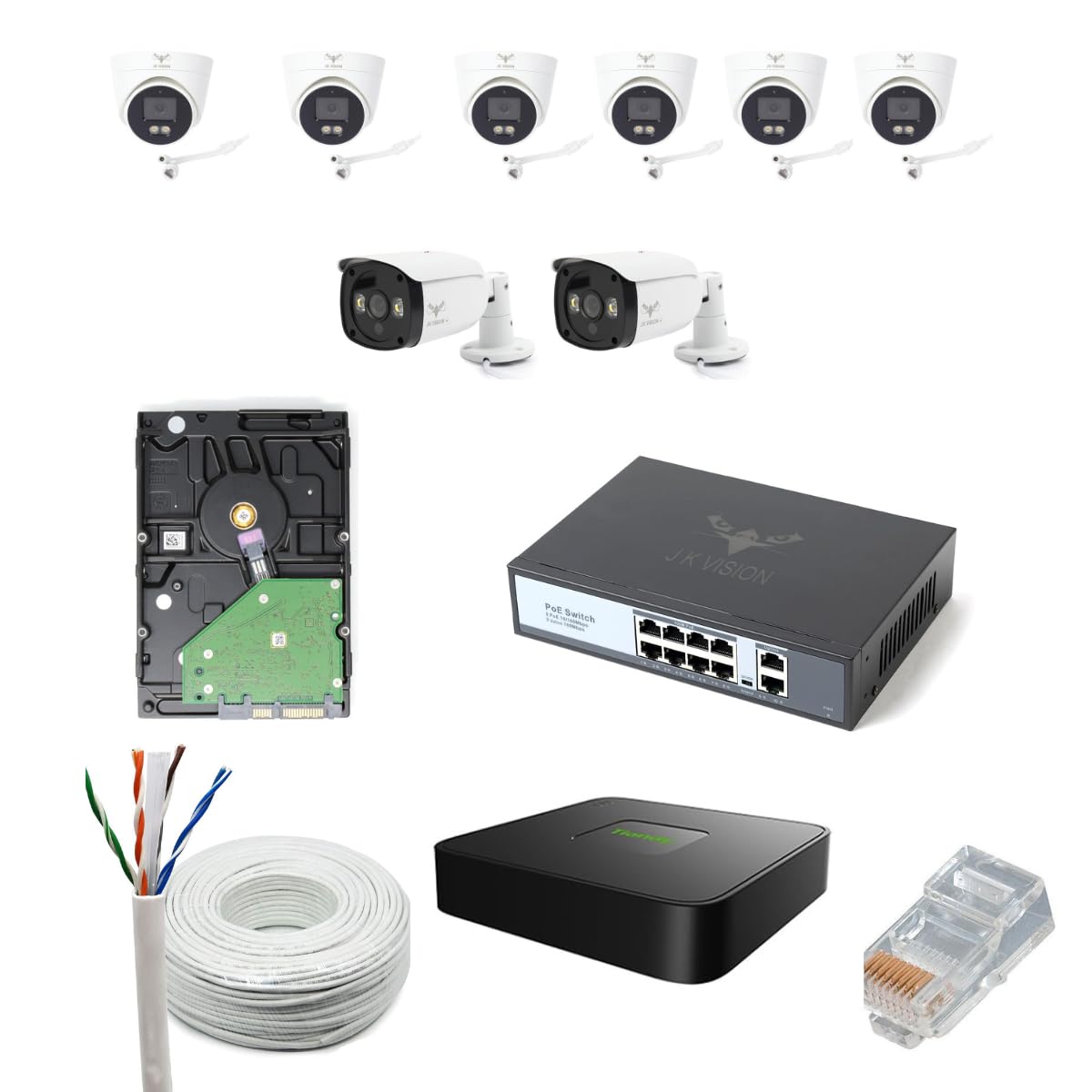 JK Vision 5MP CCTV IP Camera Full Set, 6 Bullet, 2 Dome, 10 Channel NVR, 8 Port POE, 1TB Hard Disk, Cat6 Cable, 16 RJ45 Connector-image-32