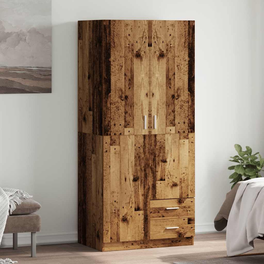 Kleiderschrank Altholz-Optik 80 x 52 x 180 cm Holzwerkstoff mit Hängestange, 2 Türen, 2 Schubladen, für Schlafzimmer, Ankleidezimmer, Stauraum