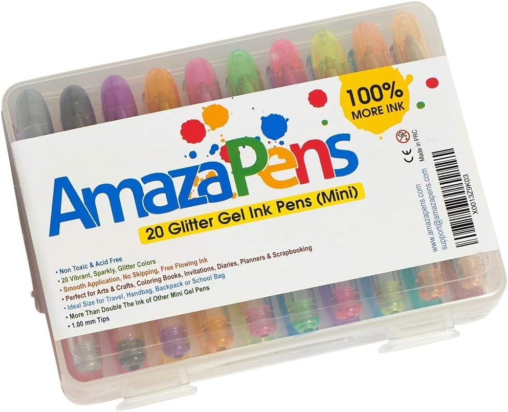 AmazaPens Gel Colouring Pens. Assorted 24 Pack 40% More Ink Than Other Sets! Glitter, Neon & Pastel. Superior Quality Coloured Pen. Best Gift for any Adult or Child Who Loves to Draw, Write or Colour.