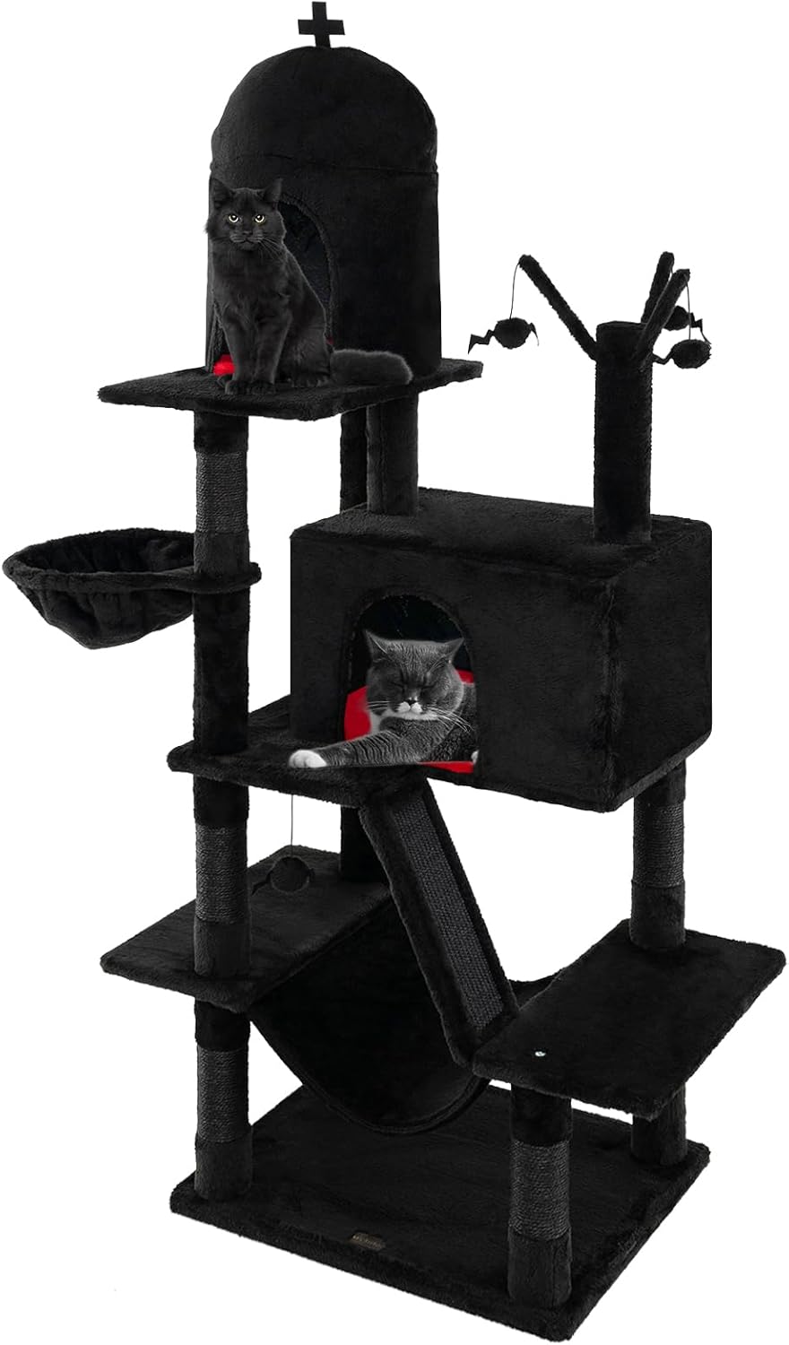 PETSITE 67 inch Tall Gothic Cat Tree, Multi-Level Goth Cat Tree with Scratching Posts and Ladder, Cat Condos, Spooky Dangling Balls, Hammock, and Basket Bed, Black