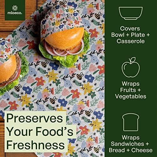 MioEco Beeswax Wrap for Food  Assorted 6 Pack Organic Cotton Bees Wrap  Reusable Beeswax Food Wrap and Food Huggers - Made from Natural Ingredients - Doodle for Kids  3 Sizes (2S, 2M, 2L)