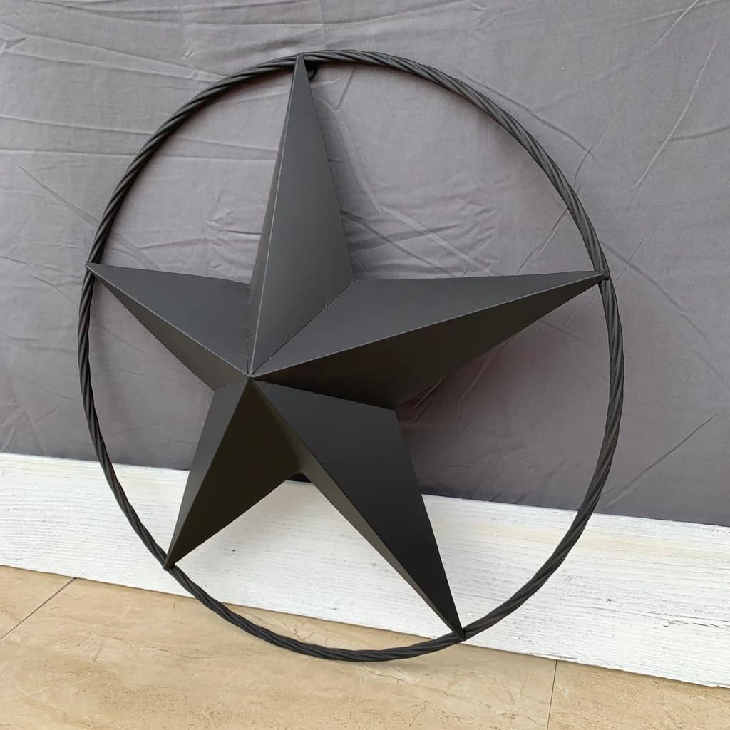 Black BARN Star Twisted Rope Ring Metal Lone Star Western Home Decor Ranch, Country Farmhouse, USA & Texas Home Decor Garden, Patio Indoor & Outdoor Wall Art Handmade New - EGIFTHOME.COM (12" Star)
