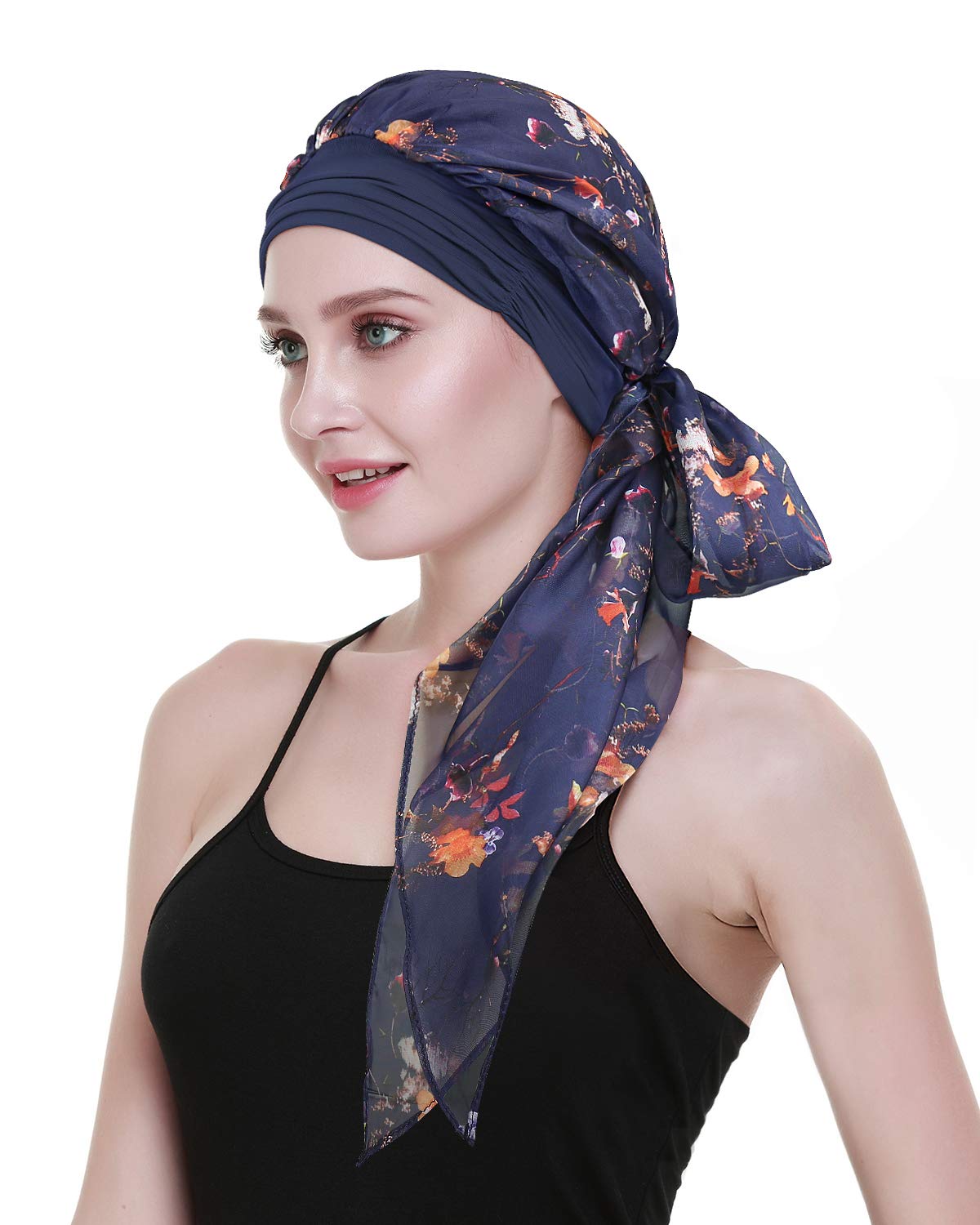 Chemo Headwear Turban Scarves Pre-Tied Head Wraps Bandana for Cancer-Medical Chemotherapy Patients Gifts Navy Yellow Flower