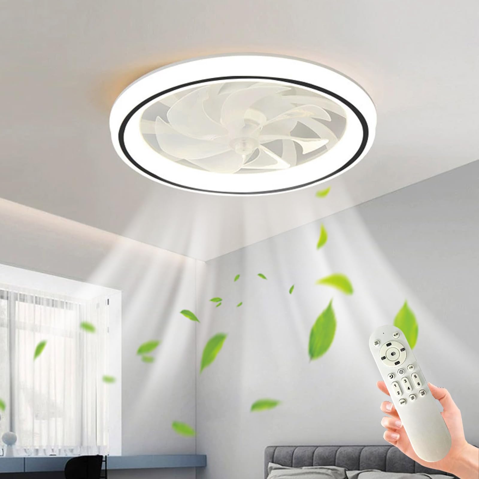 HXYSXHJUO Modern LED Ceiling Fans with Lamps for Bedroom, Silent Lights and Remote Lounge, 7 Blades Circle Light Fan, Winter/Summer Reversible Dimmable-Black