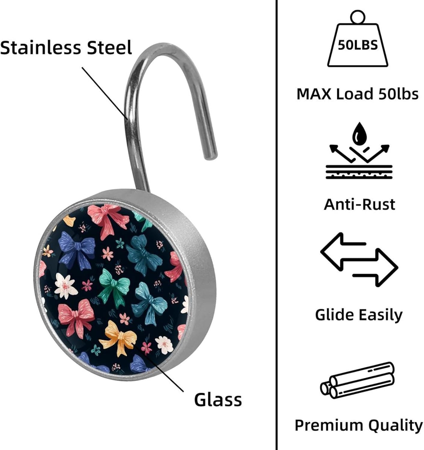 Bows and Flowers (1) Shower Curtain Hooks, Rust Resistant Crystal Glass Shower Hooks for Bathroom, Glide Shower Rings for Shower Curtain,Liner,Rod-12 Pack