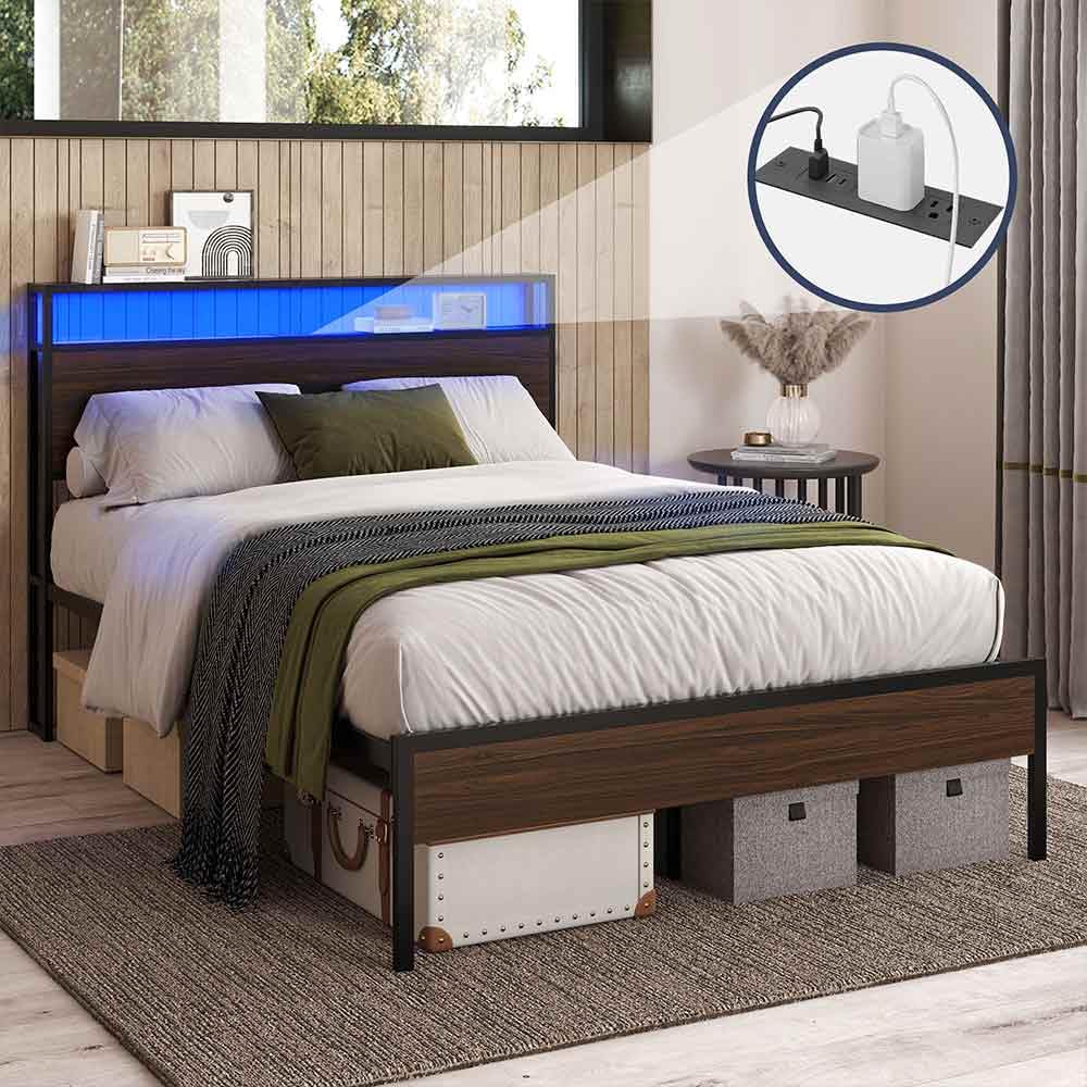 BELLEZE Full Size Bed Frame with 2-Tier Storage Headboard, Sturdy Metal Platform Bed Frame with Remote Control RGB LED Light and Ultra-Fast USB Type A/C Outlet, No Box Spring Needed - Brent (Brown)