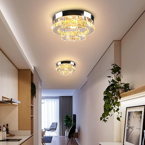 Mini candelabro LED de cristal para techo, 2 capas, lámpara de techo empotrada, moderna iluminación para pasillo, escalera, cocina, baño (blanco