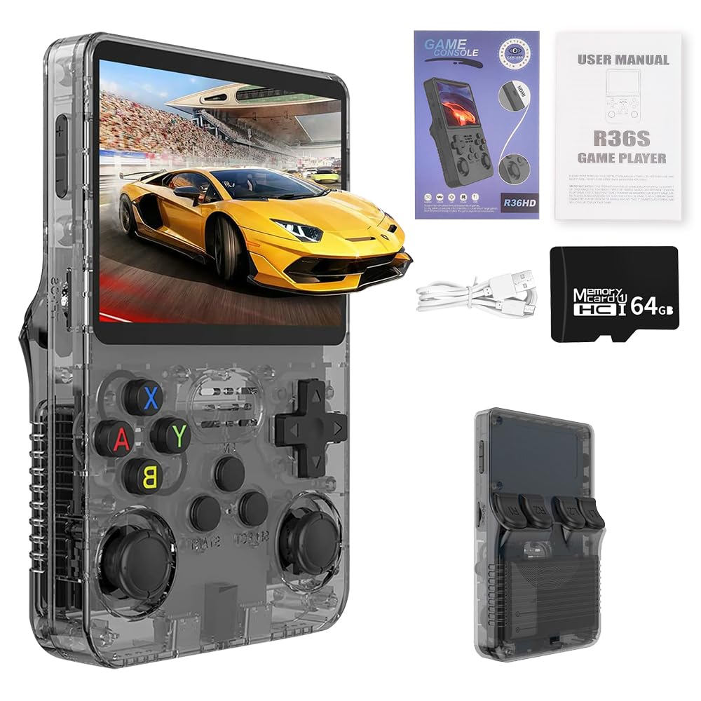 R36S Retro Handheld Game Console, Retro Games Console with 3.5 Inch HD Screen, Portable Handheld Games Consoles, Video Player with 64G TF Card and 15,000+ Classic Games, 3200mah Battery