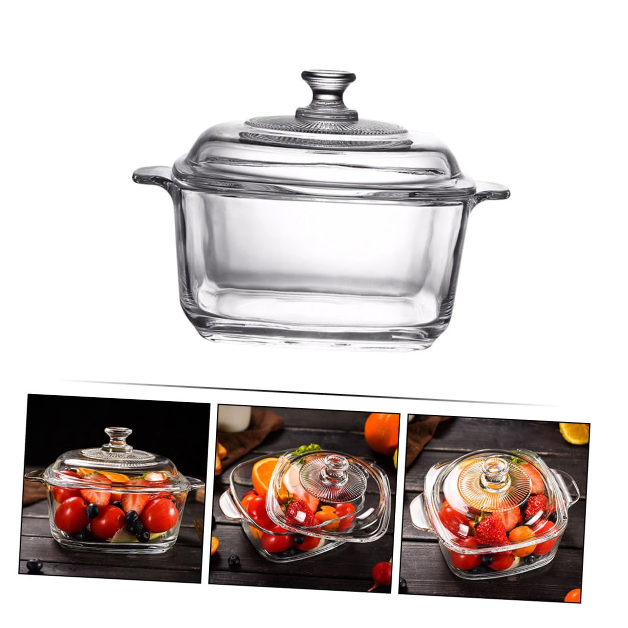 SEWACC Mikrowellengeeignete Glasschale mit Deckel 1L Rechteckige Salatschüssel aus Lebensmittelechtem Glas mit 2 Griffen Vielseitige Suppenschale für Küche und Restaurant