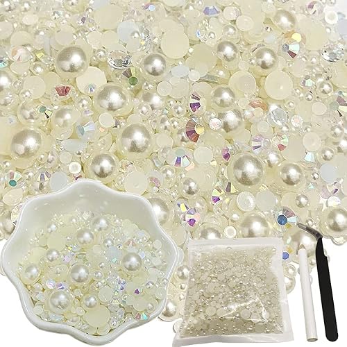 Diamantes de imitación de resina mixta de 3.53 oz con parte trasera plana, perlas semicirculares, tamaños mixtos de 0.079 pulgadas a 0.394 pulgadas, disponible en Yaxa Colombia