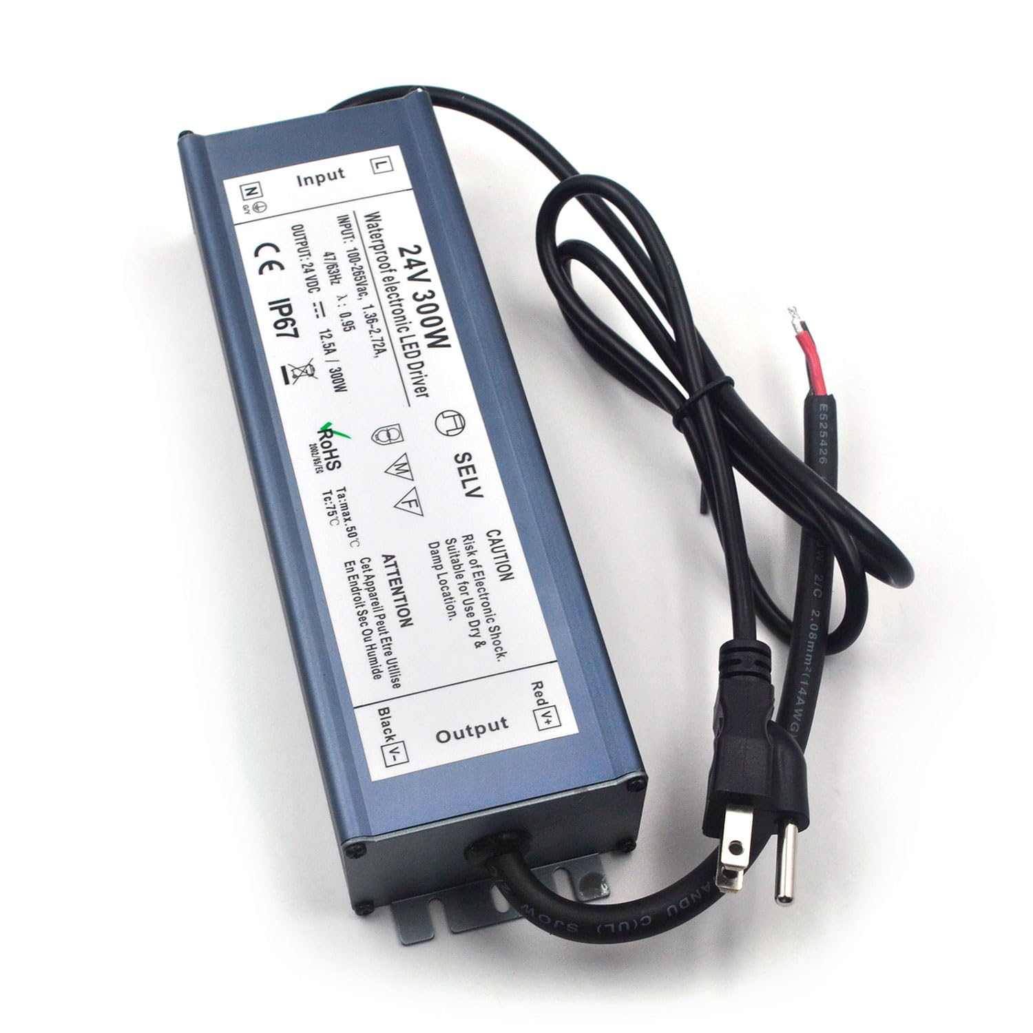 LED Driver 24V 300W Waterproof IP67 Power Supply Transformer, 100-265V AC to 24V DC Low Voltage Output, LED Transformer with 3-Prong Plug Cable for LED Light, Computer Project, Outdoor Light