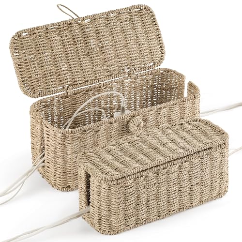 2-Pack Large Cable Management Box, Natural Rattan Cable Cord Organizer Boxes for Power Strip – 2 Open Slots Cords Hider Box for TV Wires, Computer, Router, USB Hub and Under Desk Power Strip