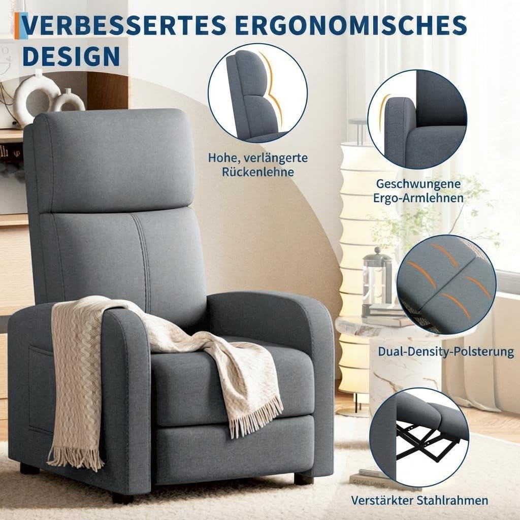 Garvee Relaxsessel Leinen, Fernsehsessel mit Liegefunktion & Seitentasche