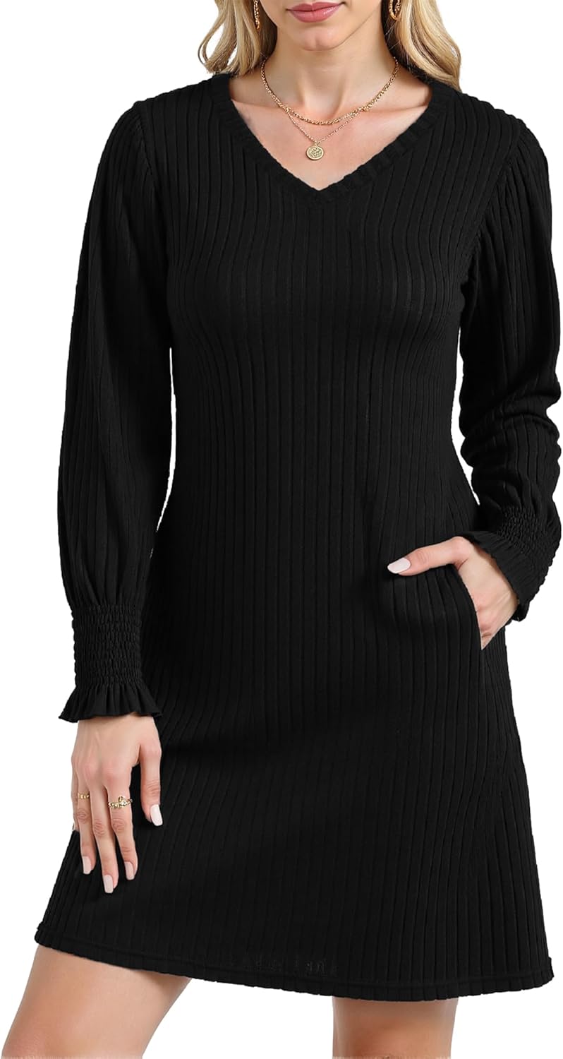YOGINGO Women's Dress with Pockets Puff Sleeve with Elastic Cuffs Casual V Neck Fall Winter Knit Mini Sweater Dresses 2026 - Image 7