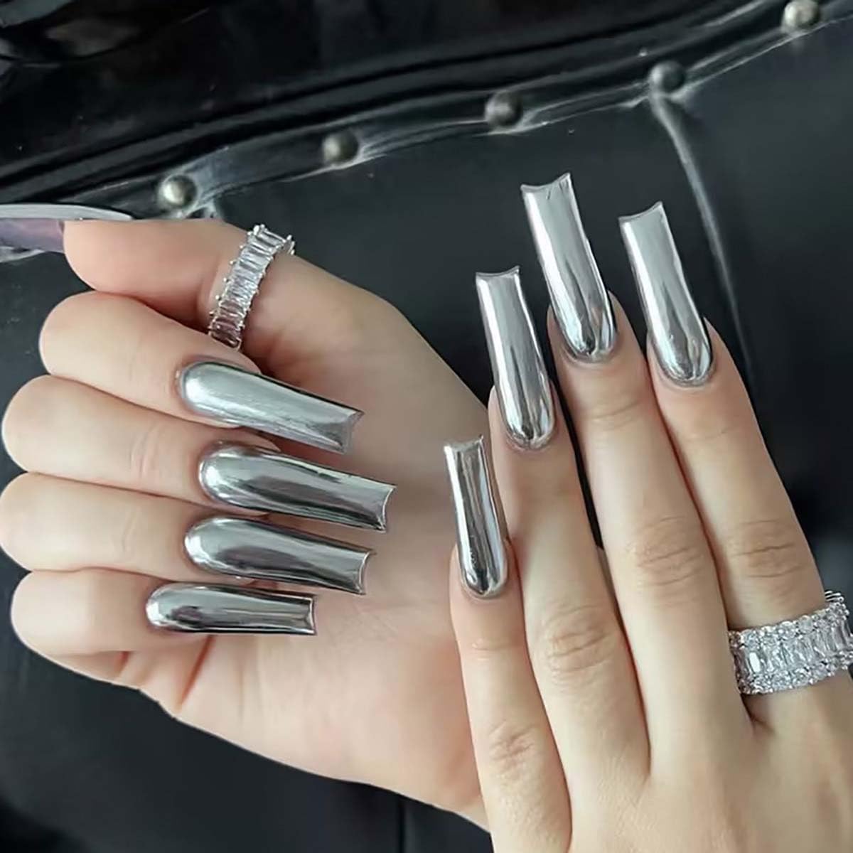 Square Press On Nails Long Fake Nails Chrome False Nails With Mirror Metallic Design Sliver Glue On Nails Full Cover Acrylic Artificial Nail Glossy