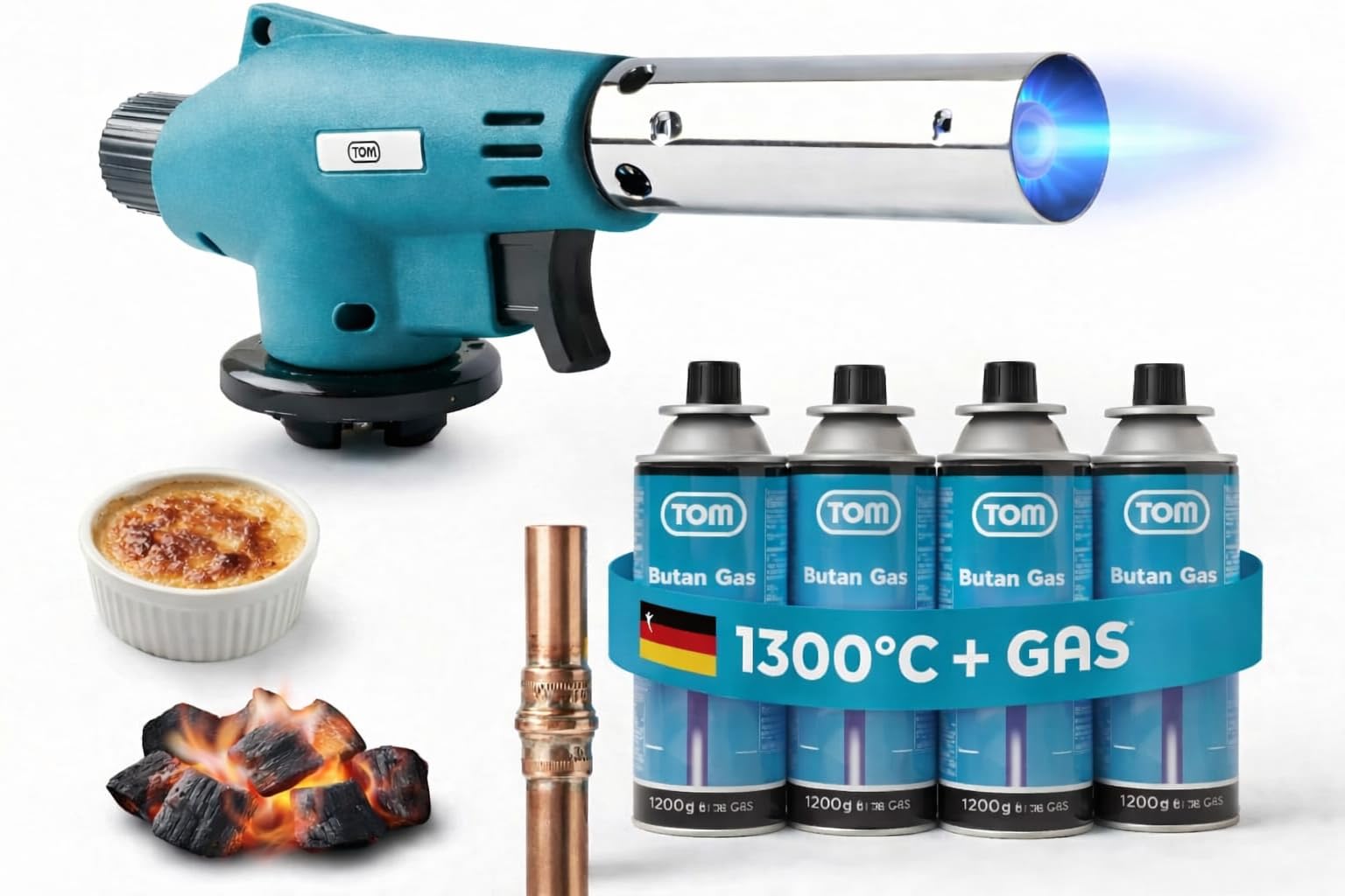 TOM Gasbrenner – Brenneraufsatz - Gaskartuschen mit Bajonettverschluss MSF-1A für Werkstatt, Garten, Küche & Co. – 1300°C – Piezozündung – Lötbrenner – Bunsenbrenner (Gasbrenner mit 4 Gaskartuschen)