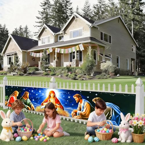 Image of Christmas Starry Night Outdoor Banner 78.7 x 17.7 Inch Warm Light Holiday Scene with Stars Cozy Glow and Festive Ambience Perfect for Yard Porch Fence Garden Patio or Outdoor Party Decoration