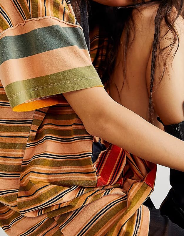 Image of NUFIWI Y2K Striped Shirt Mini Dress for Women Oversized Stripe Tunic Tshirt Dresses Short Sleeve Buttons Loose Fit Tee Dress
