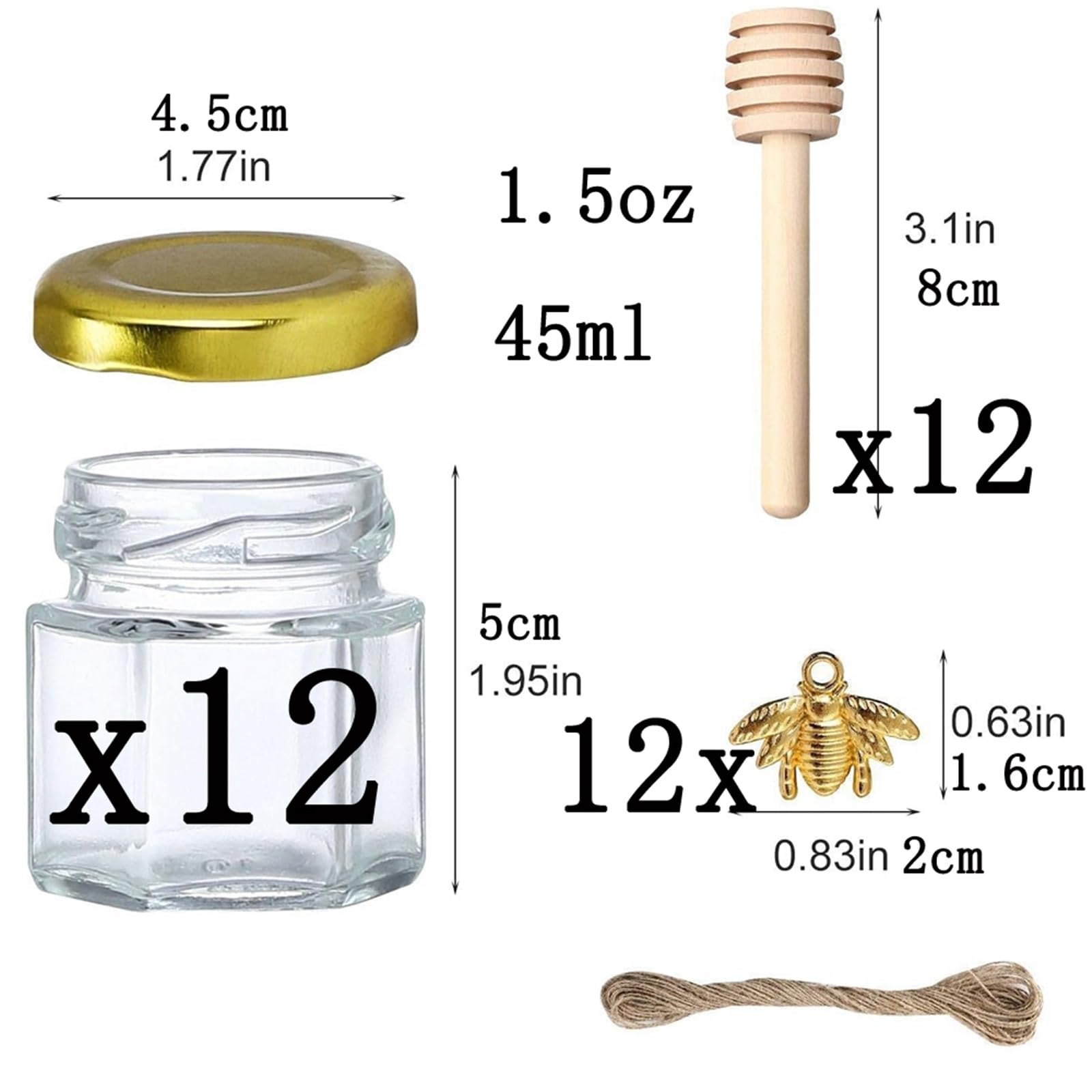 GläSer Zum Einkochen 1,5 Oz Sechseck-Miniglas mit Holzlöffel, Golddeckel, Bienenanhängern, Jutes - for die Hochzeit(12Pcs Set)