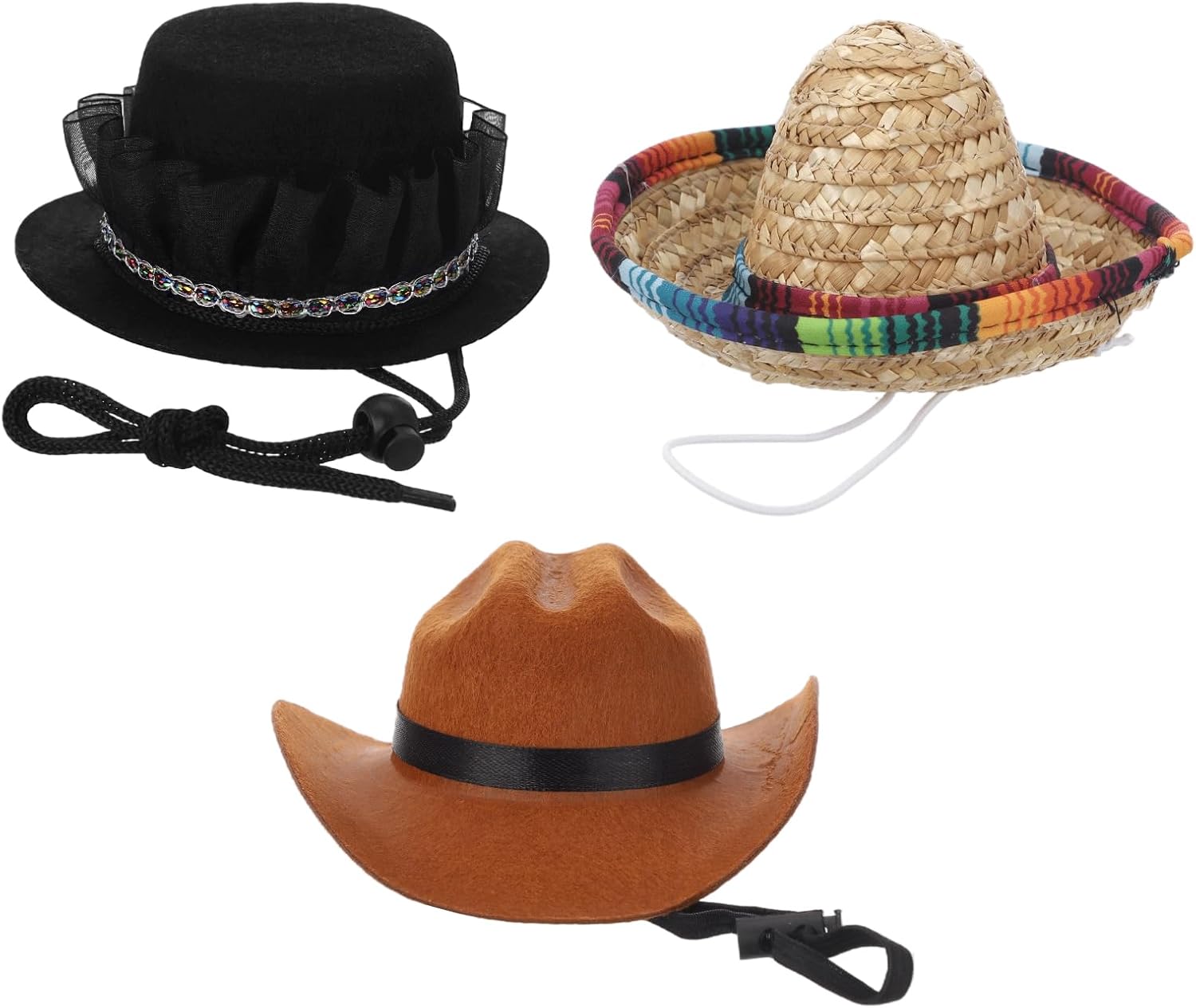Pet Costume Hats, 3 Pcs: Top Hat, Cowboy Hat & Sombrero, Adjustable Strap, Party Accessory