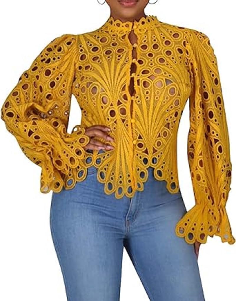 Women’ Deep V Neck Casual Lace Top Bell Sleeve Hollow Out Button Down Shirt Blouse Top Tunic