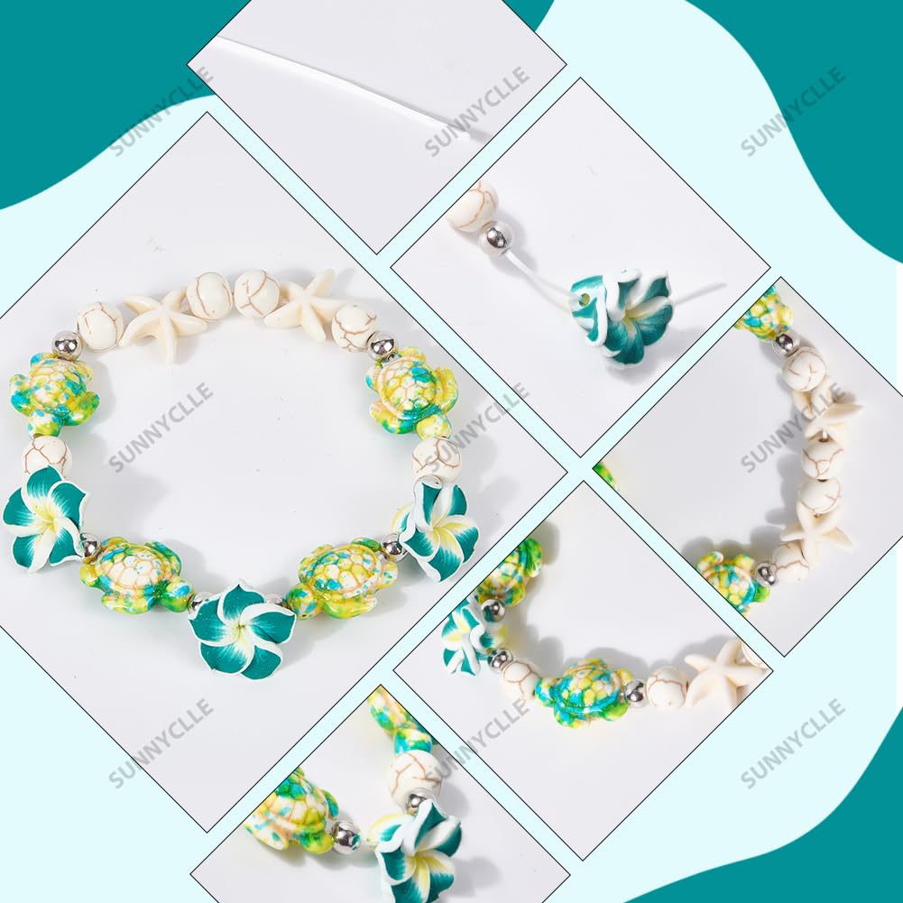 SUNNYCLUE 1 Box 159 Stück DIY 6 Sets Armbandherstellung Kits Plumeria Blumen Polymer Clay Hawaii-Blumen Seestern Meeresschildkröte Strand Ozean Sommerperlen für Schmuckherstellung Kits Erwachsene