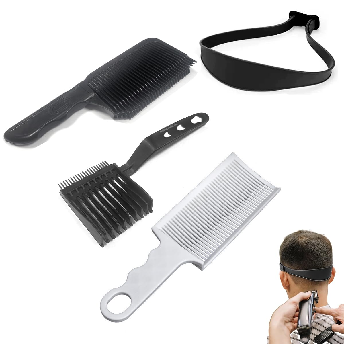 4 Stück Haarschneidehilfe, Verstellbare Haarschneideschablone & Gebogenes Haarschneideband aus Silikon, Professioneller Friseurkamm für Perfekte, Präzise Haarschnitte zu Hause für Männer(Schwarz)