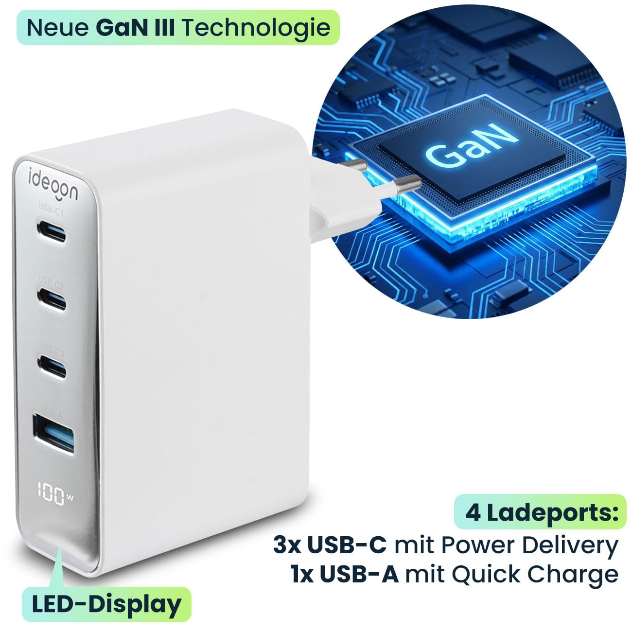 ideoon 2er-Set 100W GaN III USB-Ladegerät mit 4 Ports, 3X USB-C & 1x USB-A, Schnellladegerät mit LED-Display, PD, feuerfestes Gehäuse, für Laptop und Handy