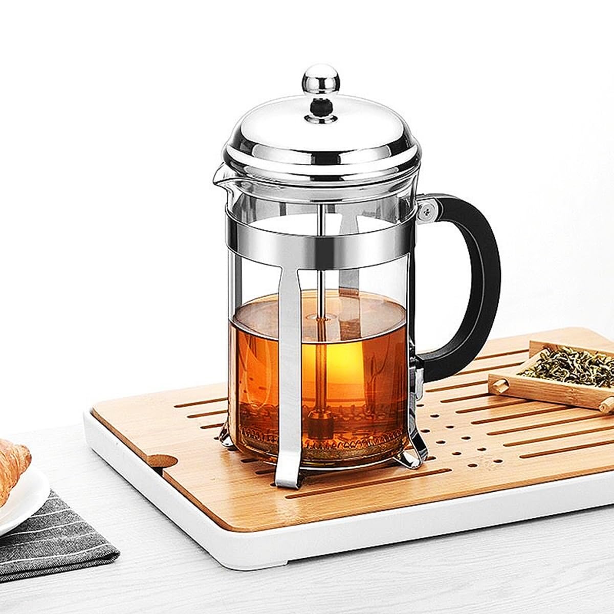 Cafetera de prensa francesa con 3 filtros de acero inoxidable, prensa de café de vidrio de borosilicato resistente al calor, cafetera multifunción, ideal para camping, color plateado