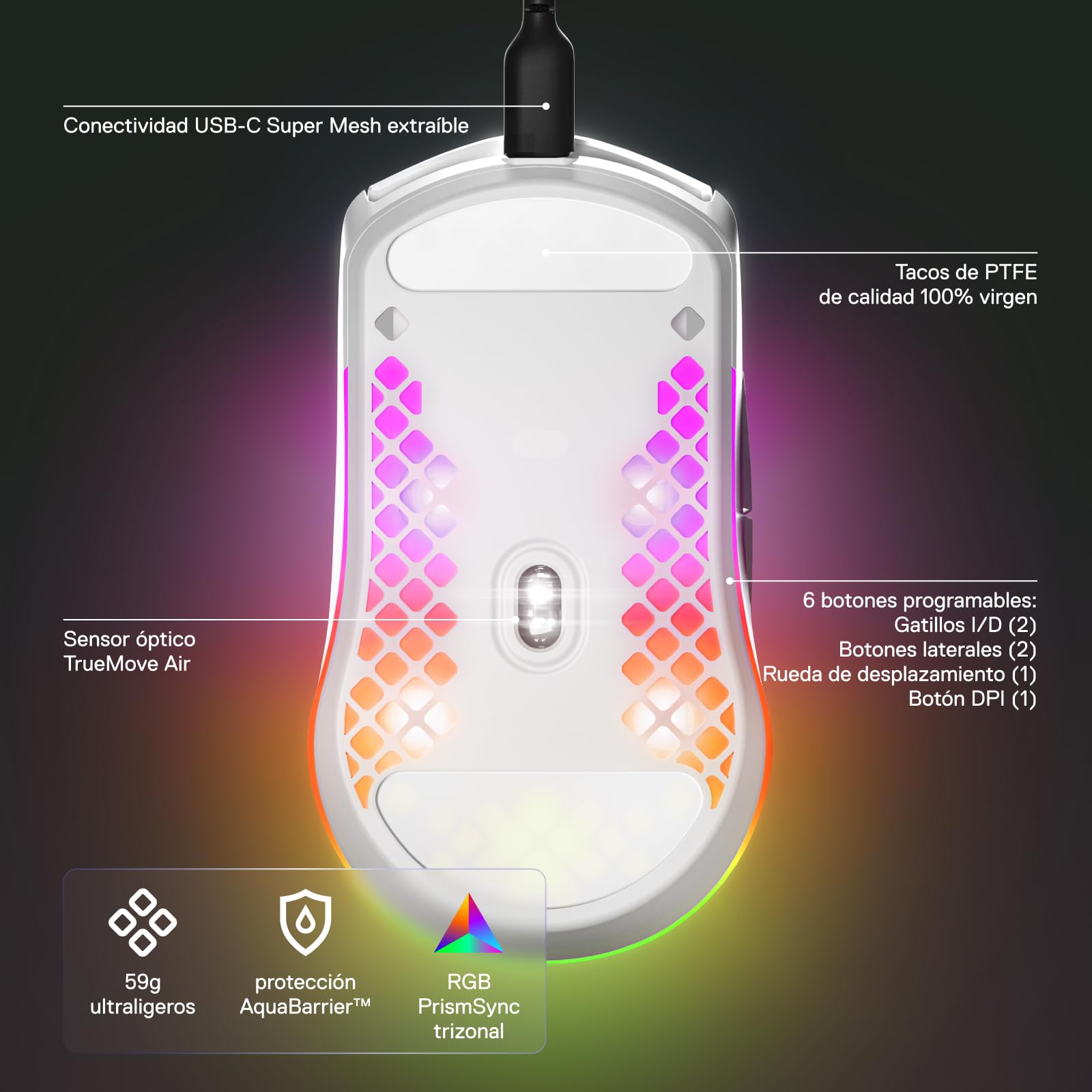 SteelSeries Aerox 3 - Raton Gaming Con Cable - Diseño ultraligero resistente al agua - RGB - Sensor óptico TrueMove Core 8500 DPI - Snow
