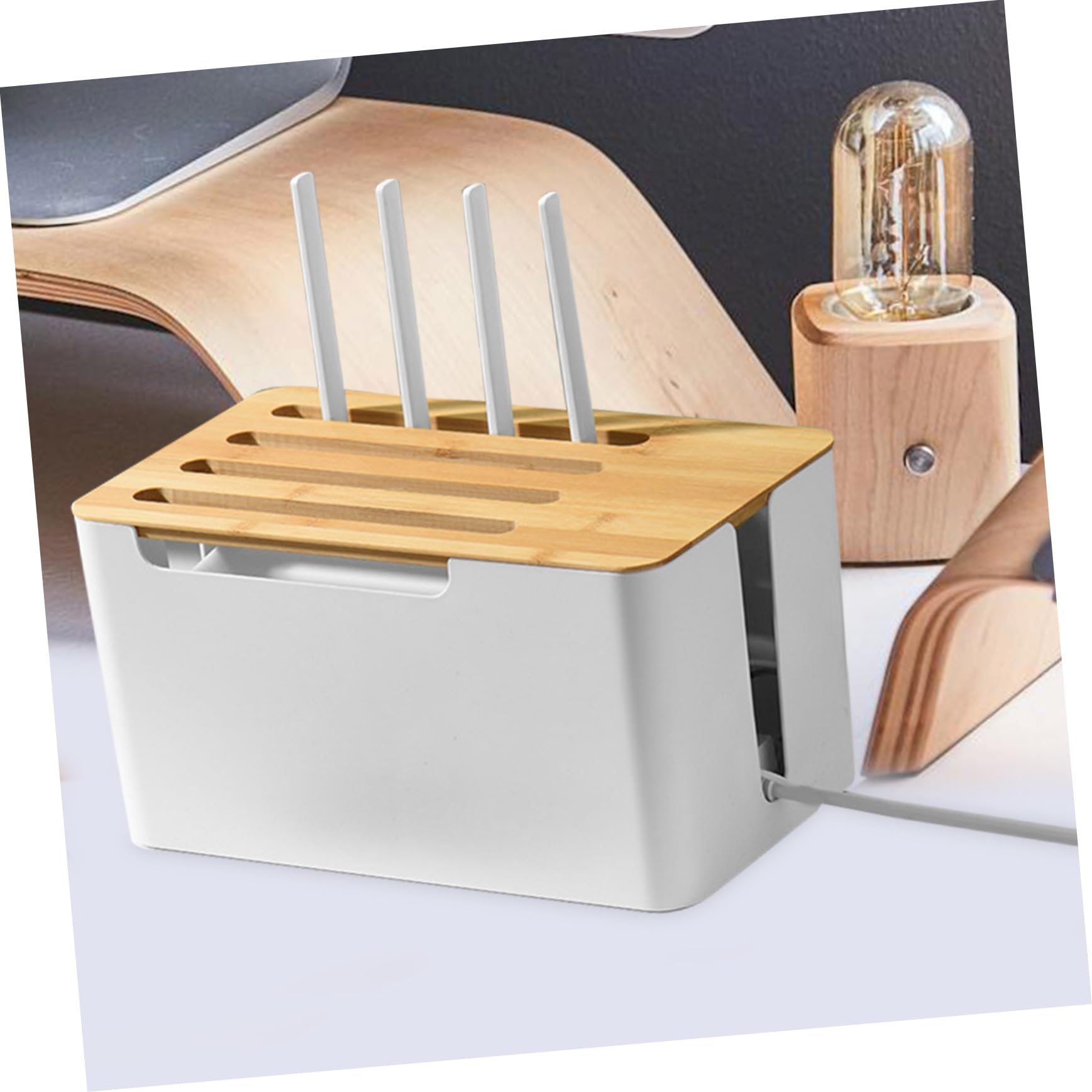 Kabelbox Aus Pp Und Bambus Für Kabelmanagement Mit Deckel Kabelsortierer Für Elektrokabel Steckdosenleistenbox Für Schreibtisch Und Büro