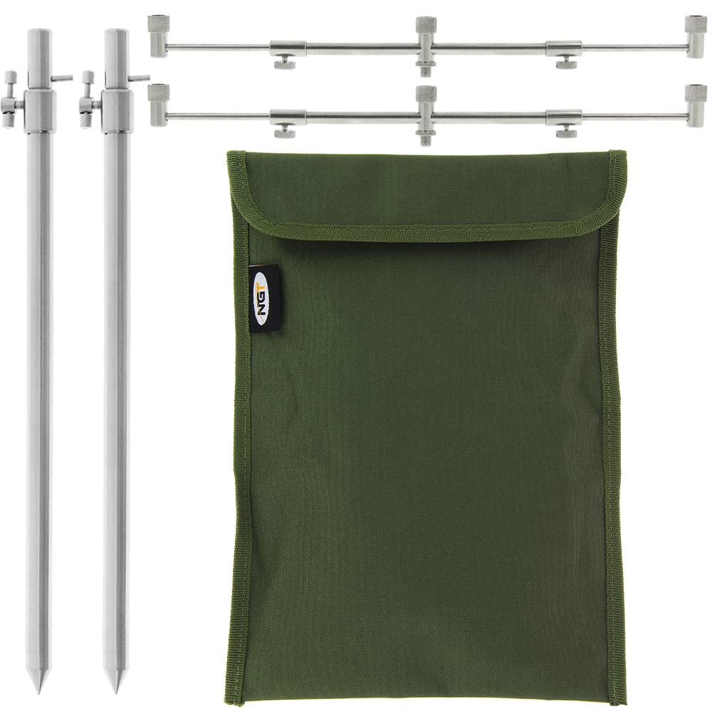 Carp Fishing 2x Bank Sticks Stainless Steel 30-50cm & 2x Buzz Bars Fixed or Adjustable (3 Rod Adjustable)