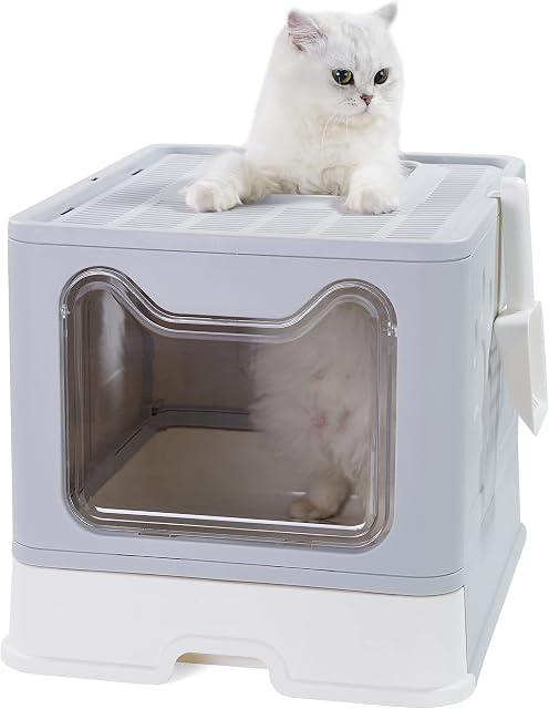 Vealind Foldable Cat Litter Tray Cats Litter Box with Front Entry & Top Exit XXL Extra Large Space Toilet Boxes with Trays, Lid and Pet Litter Shovel (Light Grey)