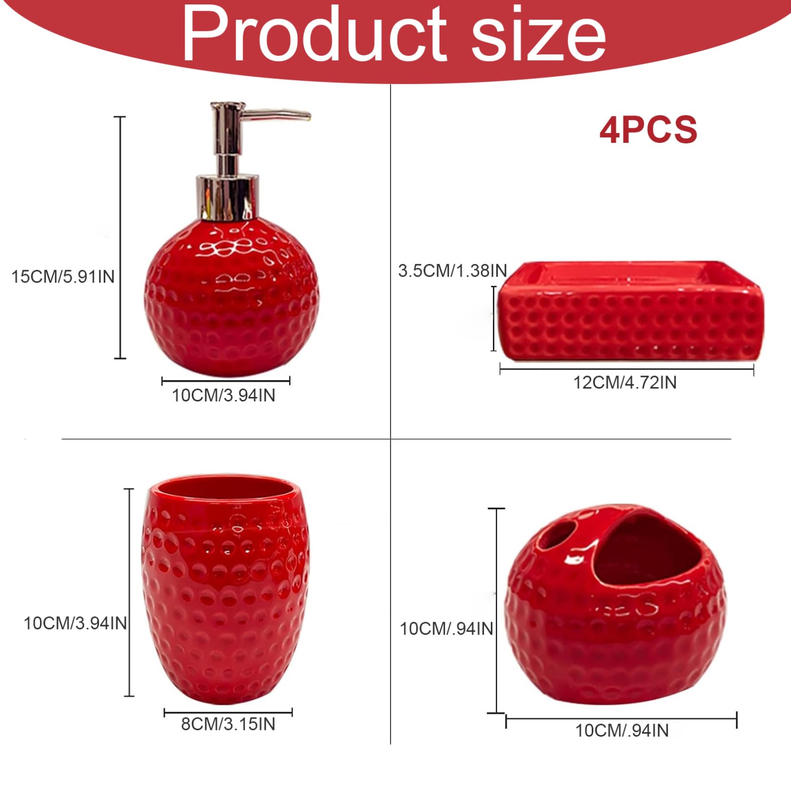 Set de baño de cerámica roja de 4 Piezas: Soporte para Cepillo de Dientes, Vaso, dispensador de loción y jabonera