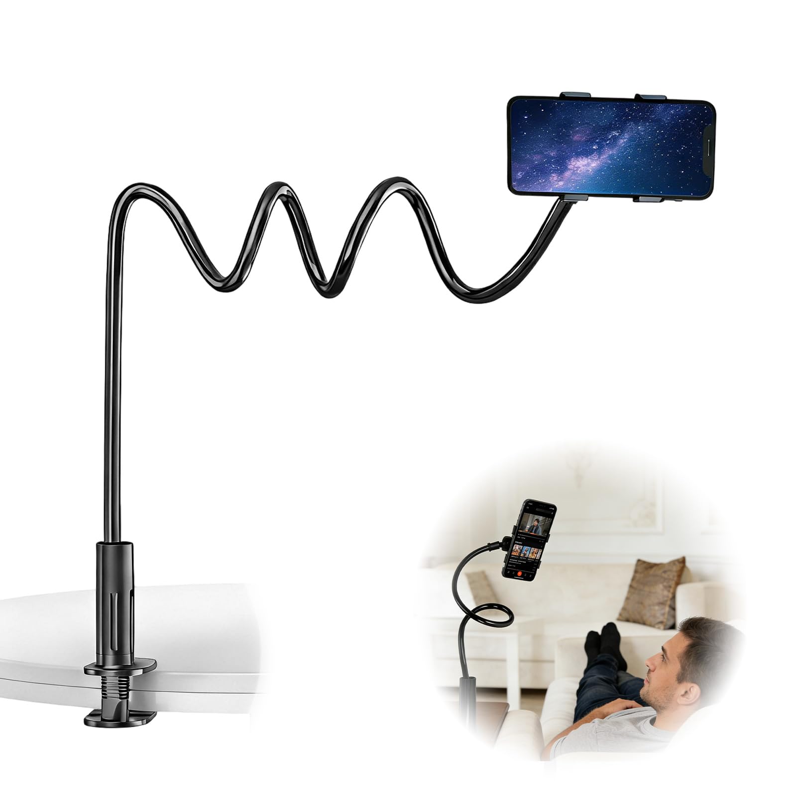Support Telephone Lit, Support téléphone avec col de Cygne de - Réglable, avec bras télescopique flexible de 75 cm - Convient à tous les modèles - Convient pour les vidéos et regarder des films
