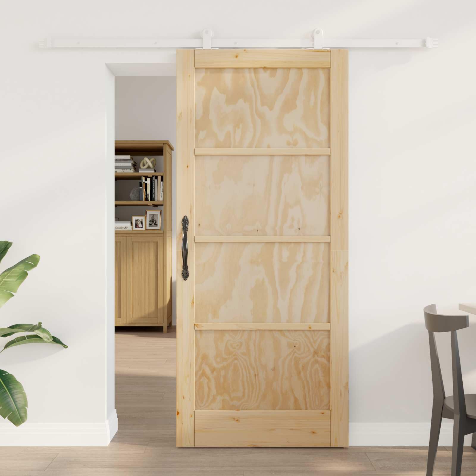 Porta scorrevole in legno di pino massello, 86 x 198,5 cm, divisorio con sistema scorrevole per interni, bianco e legno
