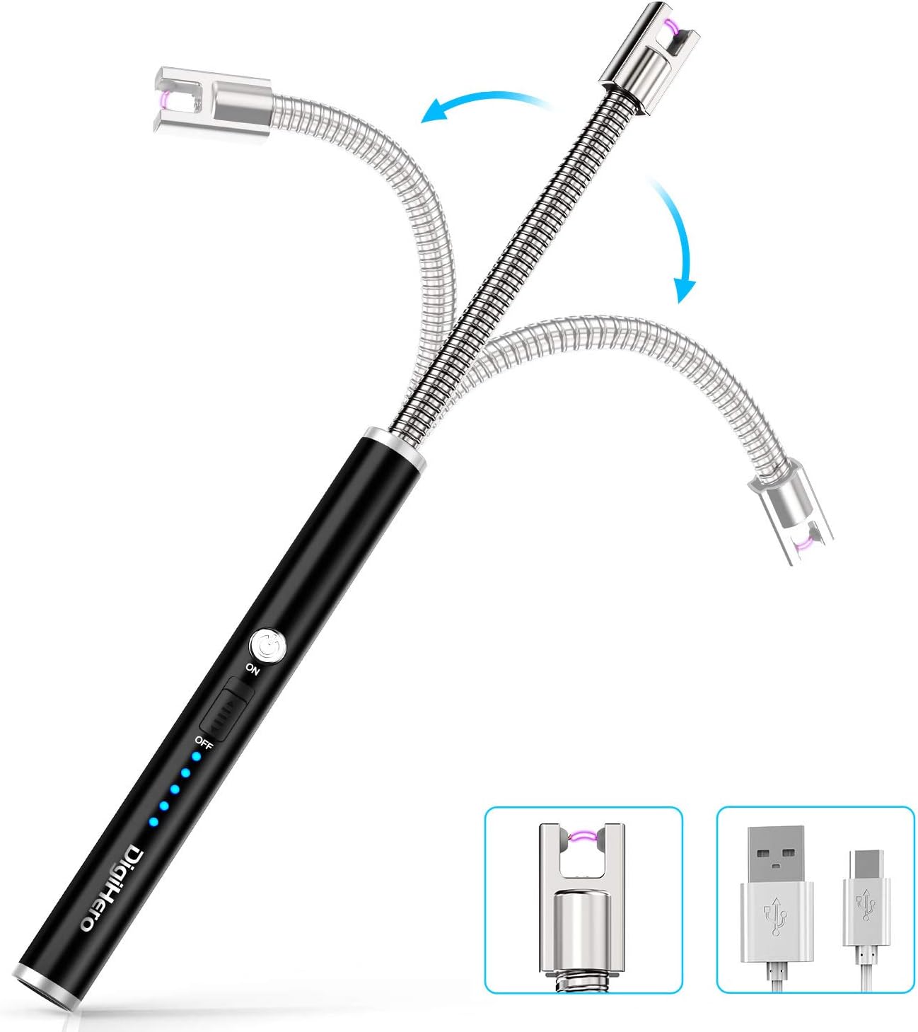 DigiHero Candle Lighter, Electronic Arc Long Lighter Safety Switch Lengthen 360° Flexible Neck LED Lights Battery Display USB Rechargeable Lighter, Kitchen Household Camping BBQ Firework (Black)