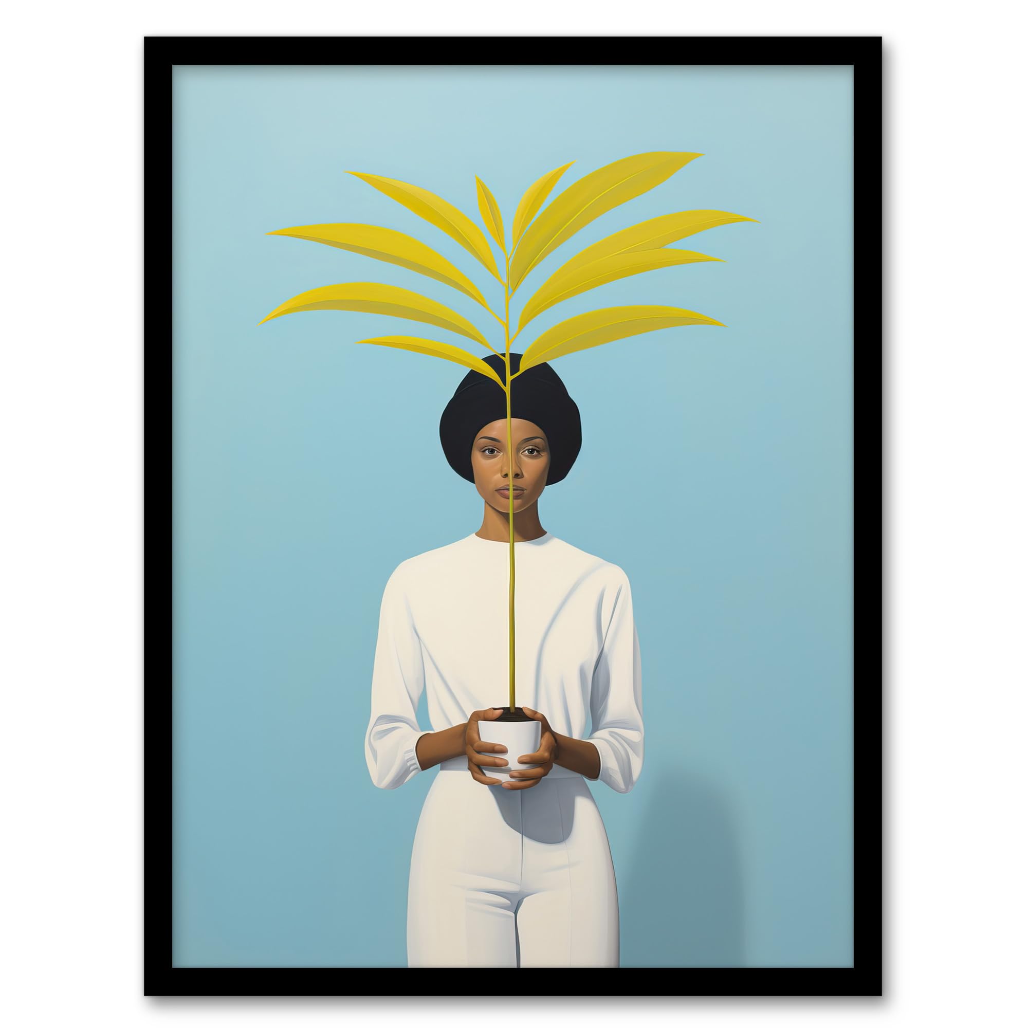 B&Q -  Presenting The Kentia Palm Simple Minimalist White On Blue Artwork Painting Wall Art PrintA4 Size