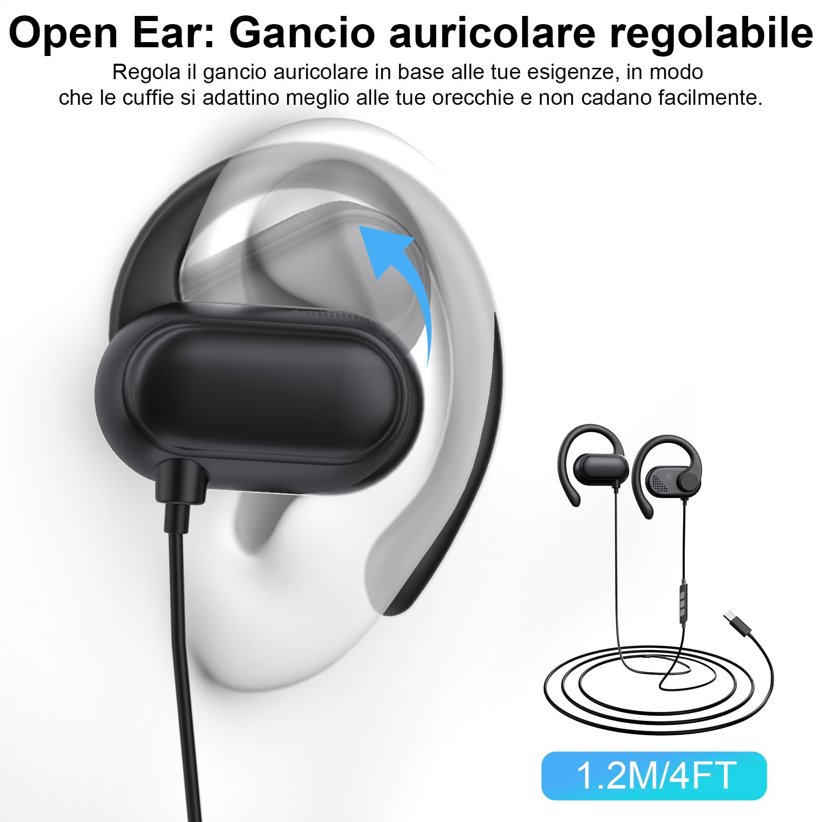 Open Ear Cuffie USB C Sport Gancio Regolabile Microfono Controllo Volume per Samsung Galaxy S26 Ultra S25 S24 S23 A56 A16 A17, iPhone 17 16 15, Pixel 10 9 8 Nero