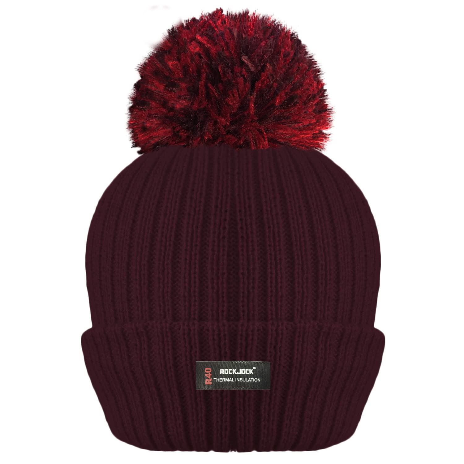 Rockjock Women's Burgundy Winter Pom Pom Ribbed Beanie Hat With R40 Advanced Thermal Insulation