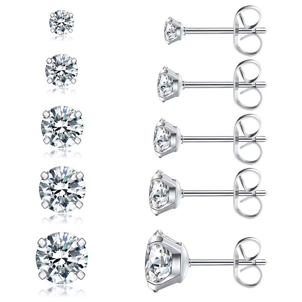 El Regalo 5 Pairs Unisex Stud Earrings Set, Hypoallergenic Cubic Zirconia 316L Earrings Stainless Steel CZ Earrings 3-8mm for Girls/Boys/Men & Women (B0BGJ187ZG) Amazon Price History, Amazon Price Tracker