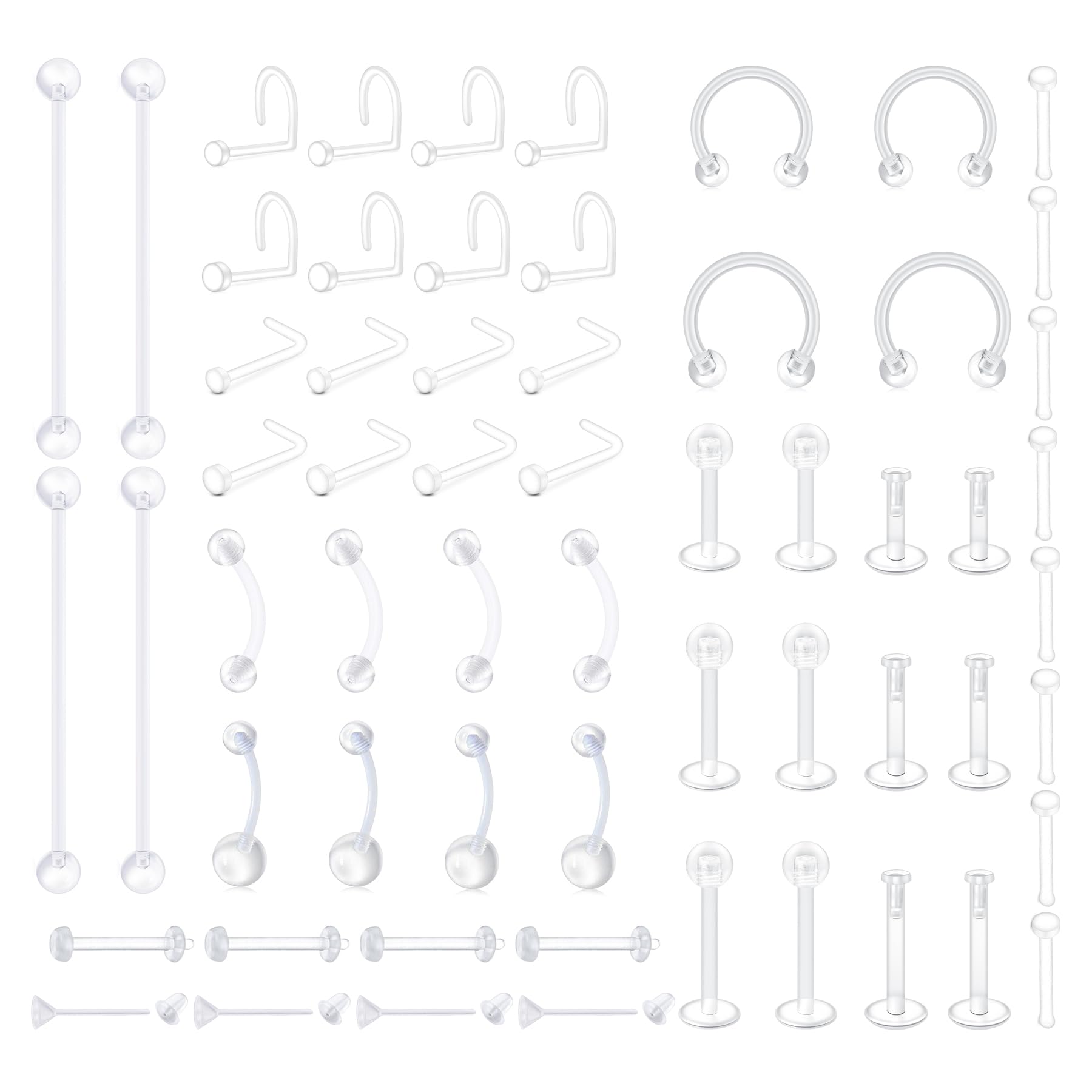 Lot de 60 piercings transparents pour piercing de nez, septum, lèvre, langue